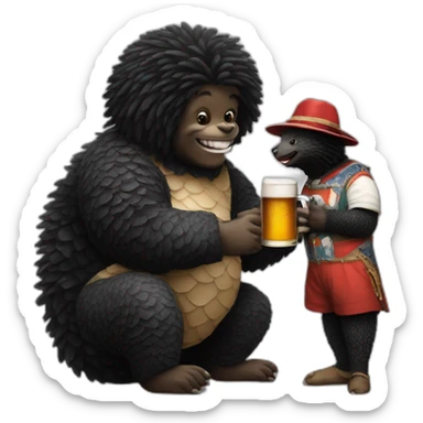 Golliwog having a beer with a giant pangolin sticker