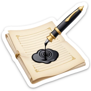 Create a delicate, artistic emoji representing poetry. The design should include a black fountain pen or quill with ink flowing gently onto a piece of parchment or scroll. Add soft, flowing lines to represent the fluidity of verse and creativity. Include elements like a small ink bottle or a feather in the background, and subtle accents of gold or silver to evoke elegance and inspiration. The overall design should feel light, romantic, and whimsical. Make the background transparent. sticker