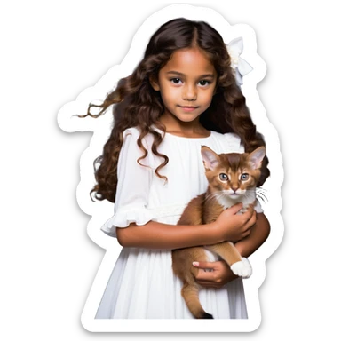 beautiful girl with curly long brown hair wearing a white dress holding an Abyssinian cat with reddish-brown fur in her arms sticker