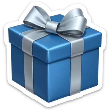 gift box with blue wrapping and silver bow sticker