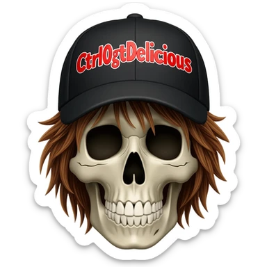 Create a skeleton head wearing a black baseball cap that says " CtrlAltDelicious " in Red, and white lettering, with brown hair sticker
