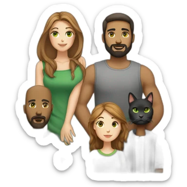 Woman with light straight brown hair and green eyes and a heavy man with a beard and two cats white and another black sticker