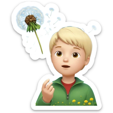 A 3D cartoon child blowing on a dandelion, seeds flying in the air, sunny garden background, realistic Memoji-style. sticker