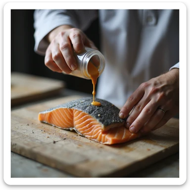 realistic 4K photo of a man adding artificial colorants to a gray salmon fillet to make it orange, kitchen or food lab environment sticker
