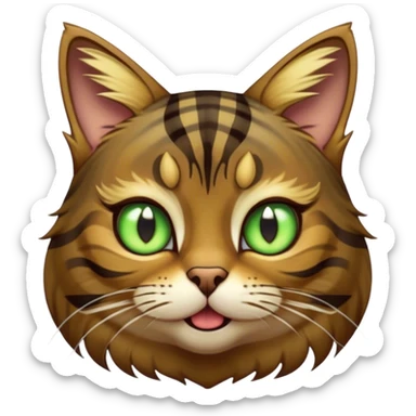 Cinematic Comical Brown Tabby Cat Portrait Emoji, Head tilted dramatically with an exaggeratedly shocked or offended expression, rich brown fur with bold dark tabby stripes, wide piercing golden-green eyes filled with exaggerated disbelief, Simplified yet hilariously expressive features, highly detailed, glowing with a slightly sassy glow, high shine, dramatic yet playful, stylized with an air of attitude, bright and endearing, soft glowing outline, capturing the essence of a sassy and over-the-top feline, so meme-worthy it feels like it could side-eye its way into internet fame instantly! sticker
