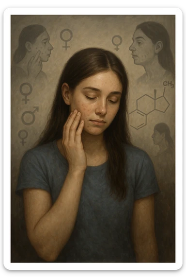 A young woman is surrounded by faint overlays of hormonal symbols and androgen molecules, with shadowy images of acne, facial hair, and oily skin projected around her, symbolizing the symptoms of PCOS with androgen excess. She looks down, gently touching her face with a resigned but hopeful expression, symbolizing her journey toward managing these symptoms. sticker