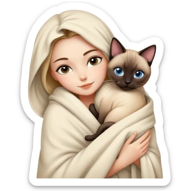 A beautiful and sexy Caucasian girl wrapped in a blanket hugging a Siamese cat sticker