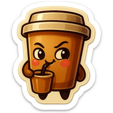 Tall coffee cup, intrigued, mischievous, drinking coffee, looking sideways sticker