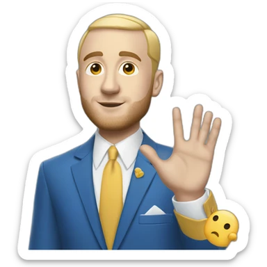 mac miller waving his hand with a blonde comb over skin fade wearing a blue suit sticker