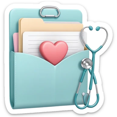 Open folder with a heart symbol, a tiny dumbbell, a checklist, a stethoscope, and a fork & knife icon tucked inside, all in soft, clean colors sticker
