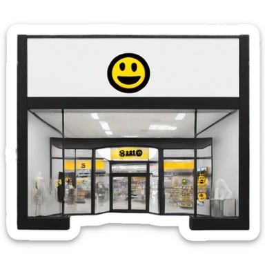 “Exterior of a Winners store with a sleek, modern facade, bold black and white ‘Winners’ sign above the entrance, large glass windows displaying stylish merchandise, and clean sliding glass doors, capturing the look of an upscale discount retail store.” sticker