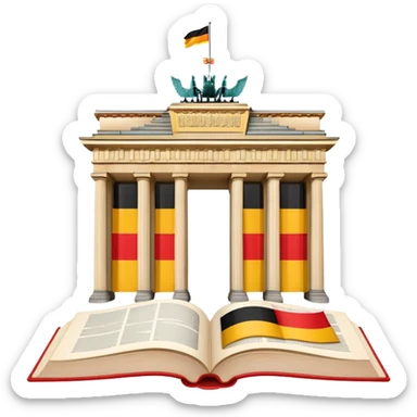 An icon featuring the Brandenburg Gate and the flag of Germany, symbolizing the German language. The design includes an open book with German text and a stein of beer, representing language learning and German culture. Transparent background sticker