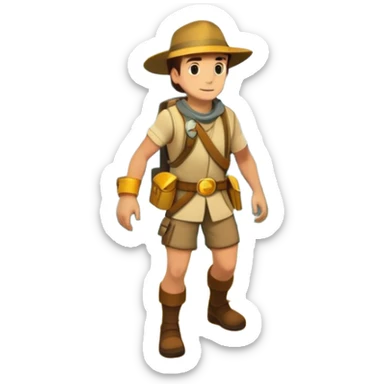 an adventure game, inspired by Uncharted-2. The design features a rugged explorer navigating through ancient ruins, with treasure and obstacles in the background. A dynamic environment with jungle, cliffs, and puzzles highlights the thrill of discovery and action. Transparent background. sticker