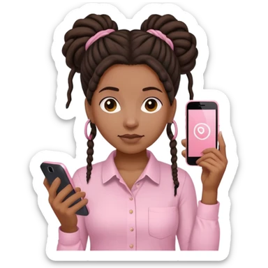 Dark brown woman with dreadlocks in bun Light pink shirt with a light pink phone in her hand sticker