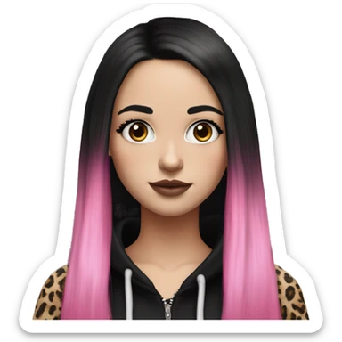 Hyperrealistic white girl with long black hair with a pink fringe and has eye makeup on, she is wearing a black and leopard print hoodie  sticker