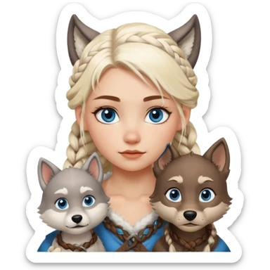Viking platinum blonde girl with braid and blue eyes. Wolf pet sticker