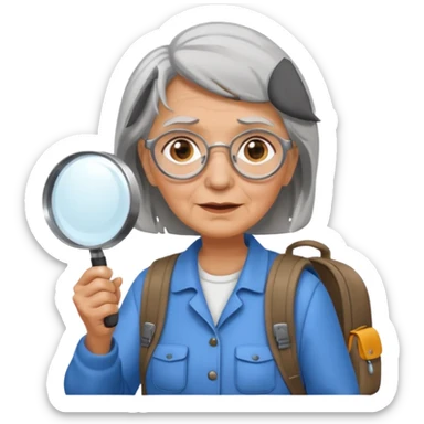 Explorer old woman with magnifying glass and backpack sticker