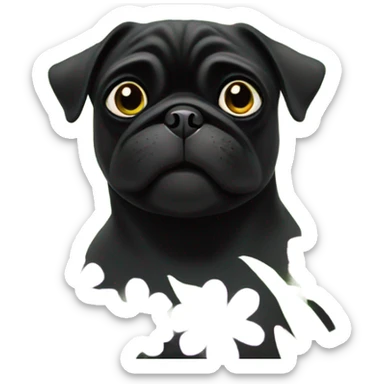 Black pug , surrounded by flowers, holding a green sign that says “good luck”  sticker