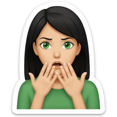 A realistic half-length portrait of a frightened woman with hands to her mouth, black hair and green eyes sticker