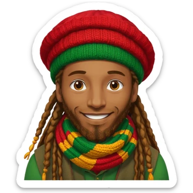 “Create a powerful illustrated portrait of a smiling man with long dreadlocks, wearing a colorful red, gold, and green knitted tam. The background has jungle leaves and warm lighting. Style: vibrant digital art, modern, bold lines, reggae vibe. With a Amsterdam colour scarf around his neck sticker