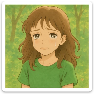 Sad girl wearing a bright green parrot green t-shirt, in Ghibli style, with an automatic background. Use verbose prompts for detailed Ghibli style. sticker