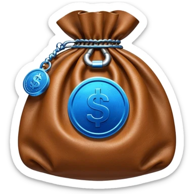 brown money bag with a blue coin  sticker