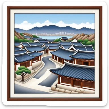 Cinematic Realistic Bukchon Hanok Village Landmark Emoji, depicted with traditional Korean houses set against a scenic backdrop rendered with detailed textures and warm, inviting lighting. sticker