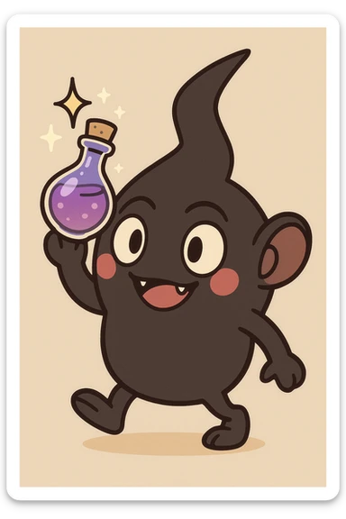 A spriggan from FFXIV holding a fantasia bottle with sparkles, stylized cartoonish, playful expression sticker