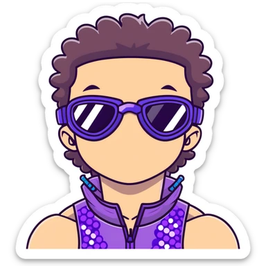 close-up of cool guy male athlete with white skin and moderately curly dark brown hair on top with shaved sides, with one purple ski goggle lens pushed up above his eyes on his forehead, sticking his tongue out of his mouth, a simple plain black chain necklace, and a completely unzipped sleeveless vest with purple and black sequin fire pattern design with no logo sticker