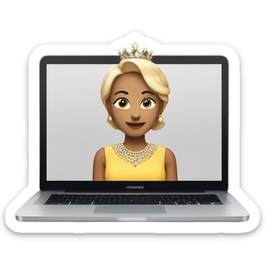 queen with a bob haircut  seating looking forward on a mac laptop and show her dress sticker