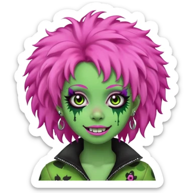 girl, green zombie,pink afro, long, emo, shaggy, dark, spooky,double eyebrow dermal piercing, cute illuminous smile sticker