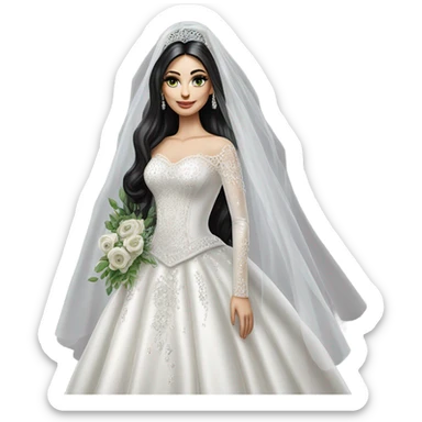 Hyper Realistic ornate ballgown long sleeve Wedding dress with diamanté on Russian bride with pale skin and green eyes and long black hair with veil and diamond jewelry hyper realistic  sticker