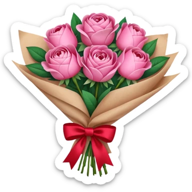 Bouquet of pink flower like rose and peony wrapped in kraft paper with red bow sticker