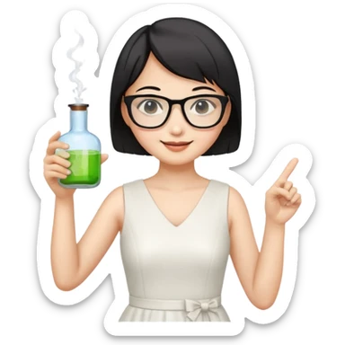 asian teacher with a white dress holding a flask with retangle glasses and black short hand make her smile and point to the right with her other hand sticker