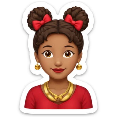 Brownskin girl dark brown hair fluffy.Two buns with red bows brown eyes smiling closed mouth red shirt gold esrrings gold necklace sticker
