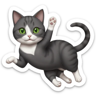 beautiful female solid dark grey cat with green eyes, white toes/paws and white patch on her chest playfully rolling upside down sticker