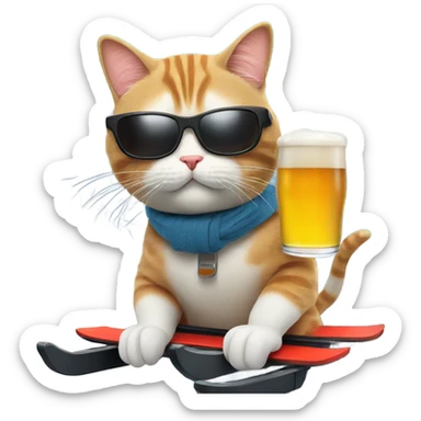 Cat with sunglasses on a ski lift with a beer  sticker