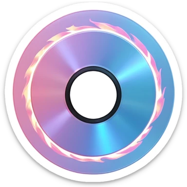 A minimalist CD disc with subtle pink flames, glowing effect, with a blue glow sticker