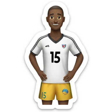 A person happy wearing a soccer jersey with the number 15 written on it sticker