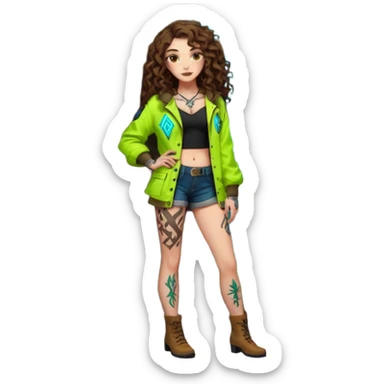 full body view of a woman with long curly brown hair, brown eyes, white skin, tattoos, leaning against a tree covered in neon runes, open forest jacket, flirty confident stance sticker