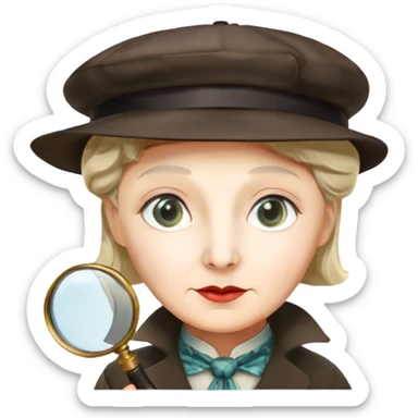 A vibrant, colorful collage featuring iconic characters like Sherlock Holmes with his magnifying glass, Miss Marple with a calm expression, and Pinkerton. The design should evoke mystery and intrigue, with elements like clues, shadows, and old-fashioned detective tools. Transparent background. sticker