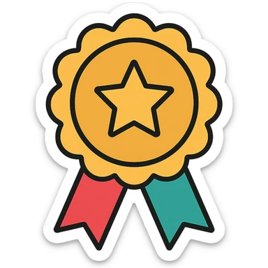 vector icon of a guarantee seal with gold and colorful elements, elegant and minimalist flat design, award badge style, 2D flat vector, trending icon look, soft shadows, no text, isolated on white background, perfect for commercial use sticker