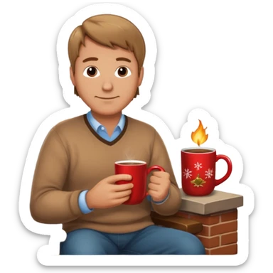 Cozy handsome 45 year old man sitting next to a nice fireplace with a hot apple cider, book, and plate of chocolate cookies. sticker