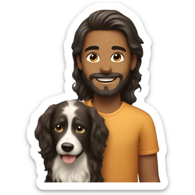 smiling boy with beard and long hair with dog indoors sticker