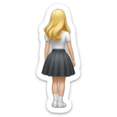 full body back view curvy caucasian beauty in small skirt lifted by the wind white socks sticker