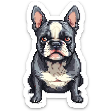 angry black and white French bulldog pixel art style sticker