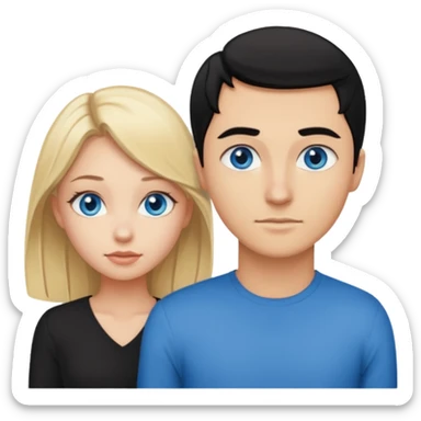 Pretty blonde girl with blue eyes bent over and guy with black hair standing behind her sticker