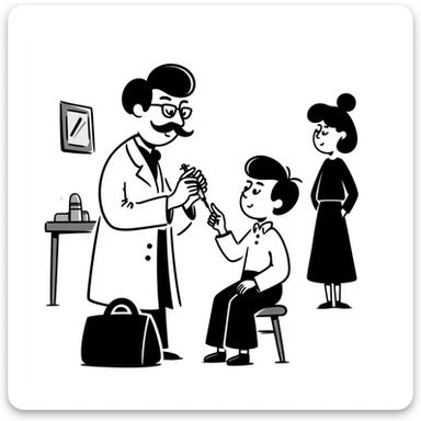 A Victorian doctor giving a young poor boy a vaccination with the boy's mother in the background looking worried sticker