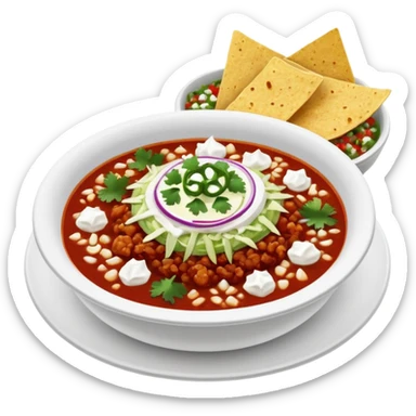 hot pozole rojo with steam, hominy, and sides: onions, shredded cabbage, lime wedges, red chile de arbol salsa, and tostadas lightly smeared with sour cream sticker