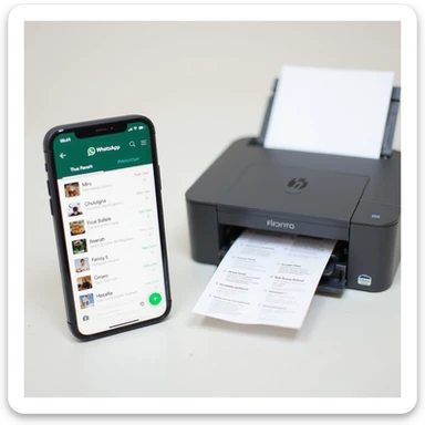 realistic thumbnail for a WhatsApp print out service, smartphone on the left side with WhatsApp open, chat showing various file types, printer on the right side printing out a variety of files, clean background sticker